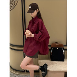 新款復古紅色長袖襯衫女韓國寬鬆百搭oversize男友風氣質襯衣外套