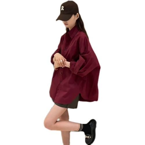 新款復古紅色長袖襯衫女韓國寬鬆百搭oversize男友風氣質襯衣外套