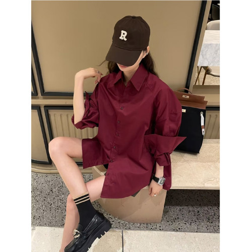 新款復古紅色長袖襯衫女韓國寬鬆百搭oversize男友風氣質襯衣外套