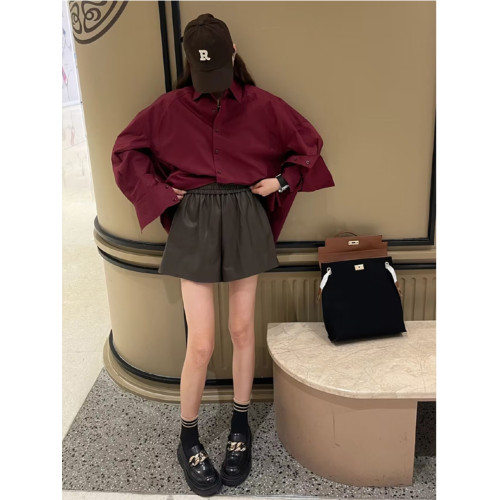 新款復古紅色長袖襯衫女韓國寬鬆百搭oversize男友風氣質襯衣外套