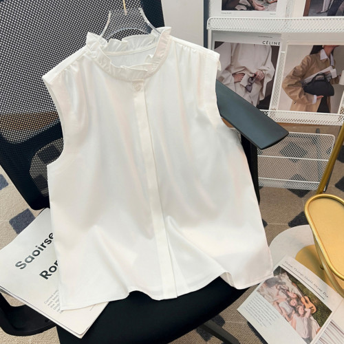 【曡穿神器】春秋新款內搭荷葉領無袖襯衫蕾絲打底衫女襯衣百搭