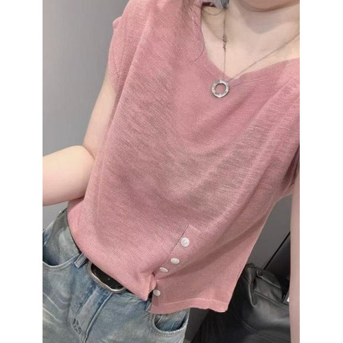 今年流行的獨特別致冰絲針織衫女短袖歐貨洋氣設計感顯瘦減齡上衣