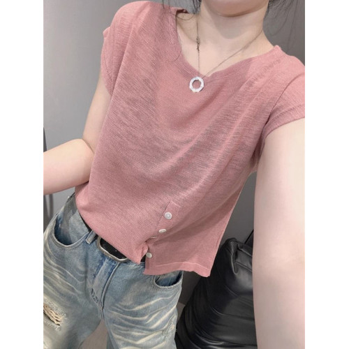 今年流行的獨特別致冰絲針織衫女短袖歐貨洋氣設計感顯瘦減齡上衣