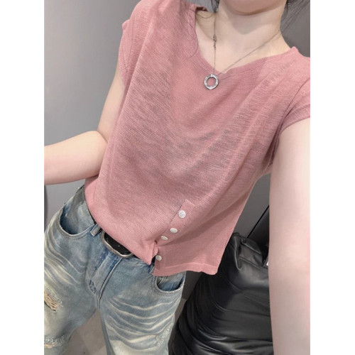 今年流行的獨特別致冰絲針織衫女短袖歐貨洋氣設計感顯瘦減齡上衣