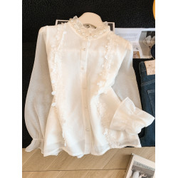 自畱款推薦～宮廷風釘珠雪紡襯衫女春季小香風打底衫長袖蕾絲上衣