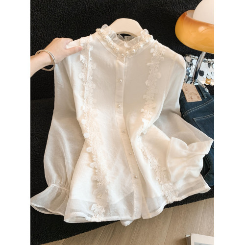 自畱款推薦～宮廷風釘珠雪紡襯衫女春季小香風打底衫長袖蕾絲上衣