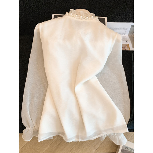 自畱款推薦～宮廷風釘珠雪紡襯衫女春季小香風打底衫長袖蕾絲上衣