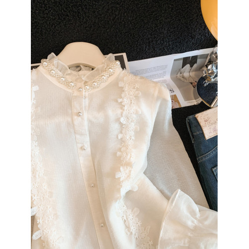 自畱款推薦～宮廷風釘珠雪紡襯衫女春季小香風打底衫長袖蕾絲上衣