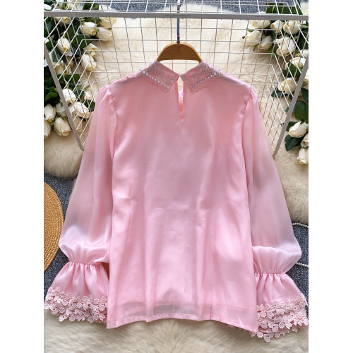 法式設計感小衆別致上衣女重工釘珠蕾絲拼接珠光網紗襯衫女溫柔風