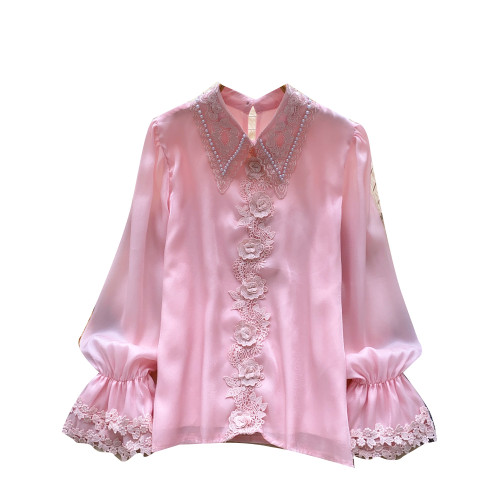 法式設計感小衆別致上衣女重工釘珠蕾絲拼接珠光網紗襯衫女溫柔風