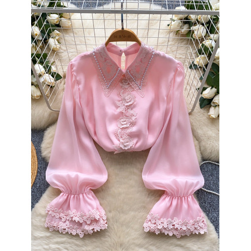 法式設計感小衆別致上衣女重工釘珠蕾絲拼接珠光網紗襯衫女溫柔風