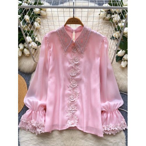 法式設計感小衆別致上衣女重工釘珠蕾絲拼接珠光網紗襯衫女溫柔風