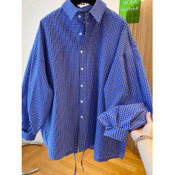 法式復古藍色格子長袖襯衫女春秋寬鬆顯瘦後背開叉休閒外套上衣潮