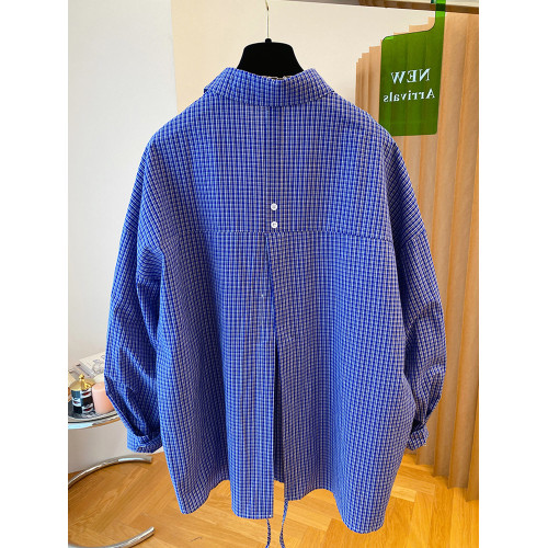 法式復古藍色格子長袖襯衫女春秋寬鬆顯瘦後背開叉休閒外套上衣潮