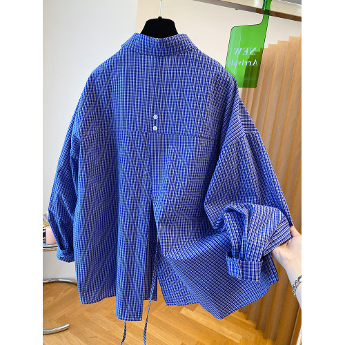 法式復古藍色格子長袖襯衫女春秋寬鬆顯瘦後背開叉休閒外套上衣潮