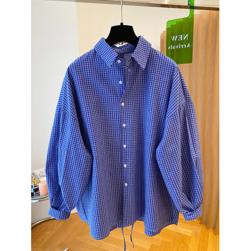 法式復古藍色格子長袖襯衫女春秋寬鬆顯瘦後背開叉休閒外套上衣潮