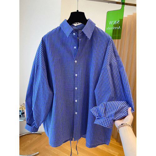 法式復古藍色格子長袖襯衫女春秋寬鬆顯瘦後背開叉休閒外套上衣潮