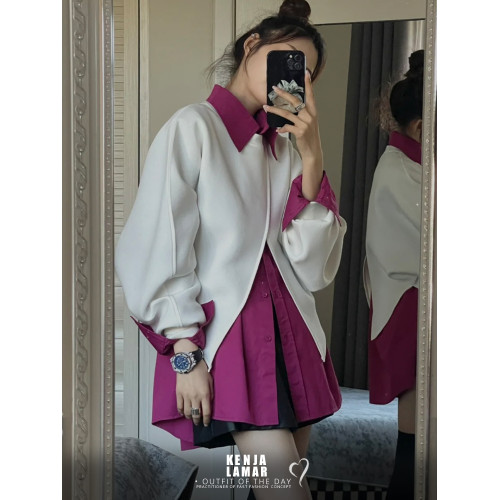 2024新款法式套裝女士設計感小衆襯衫高級感不規則氣質罩衫兩件套