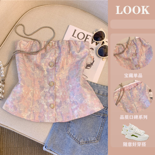 廣州十三行爆款女裝印花鑽釦抹胸背心女外穿2025新款性感辣妹短款