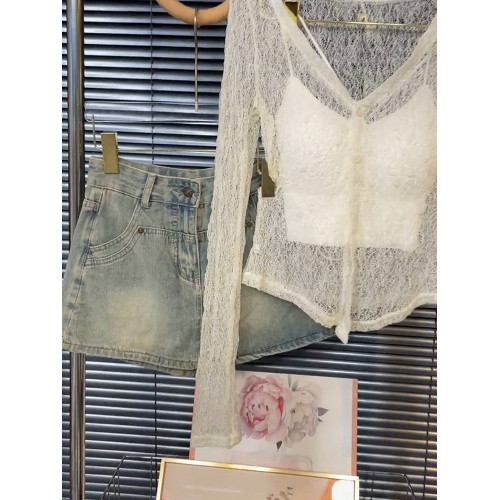 高級感性感鏤空蕾絲長袖上衣吊帶背心女氣質韓系辣妹寬鬆兩件套裝