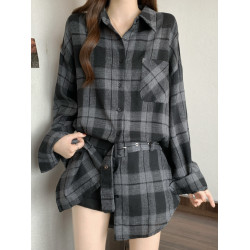 港風復古格子長袖襯衫女春秋2025大碼胖mm顯瘦中長款系帶收腰上衣