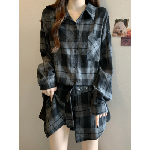 港風復古格子長袖襯衫女春秋2025大碼胖mm顯瘦中長款系帶收腰上衣