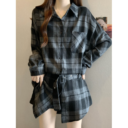 港風復古格子長袖襯衫女春秋2025大碼胖mm顯瘦中長款系帶收腰上衣