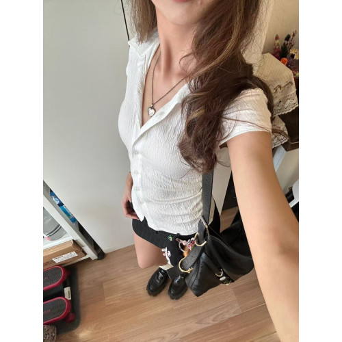 Brandy Bm春新款美式辣妹襯衫白色收腰褶皺肌理感短袖polo領上衣