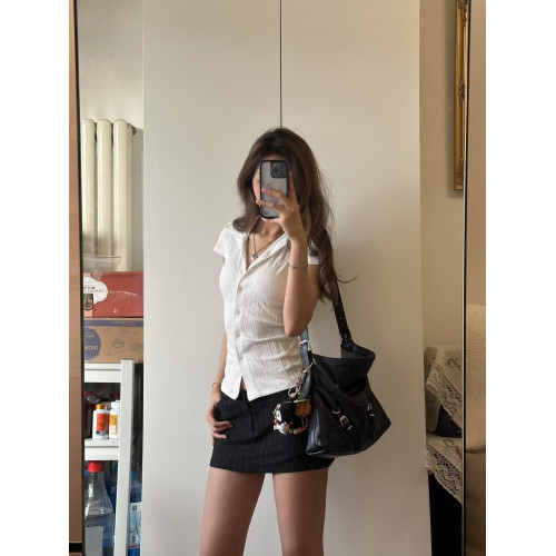 Brandy Bm春新款美式辣妹襯衫白色收腰褶皺肌理感短袖polo領上衣