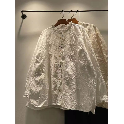 2025春季女裝新款百搭顯瘦花邊領彩色釦子純棉寬鬆長袖襯衫女襯衣 2025春季女裝新款百搭顯瘦花邊領彩色釦子純棉寬鬆長袖襯衫女襯衣