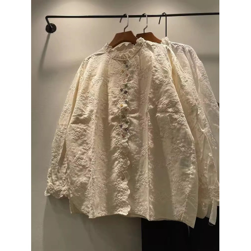 2025春季女裝新款百搭顯瘦花邊領彩色釦子純棉寬鬆長袖襯衫女襯衣 2025春季女裝新款百搭顯瘦花邊領彩色釦子純棉寬鬆長袖襯衫女襯衣