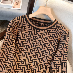 撿漏2024秋冬裝新款復古提花拼色長袖針織衫女裝圓領套頭打底毛衣