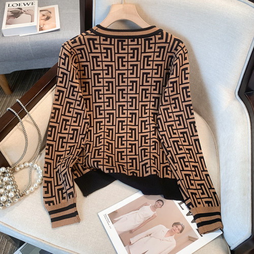 撿漏2024秋冬裝新款復古提花拼色長袖針織衫女裝圓領套頭打底毛衣