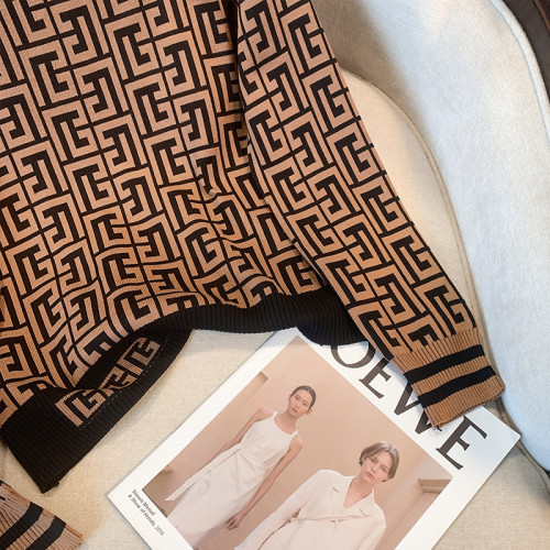 撿漏2024秋冬裝新款復古提花拼色長袖針織衫女裝圓領套頭打底毛衣