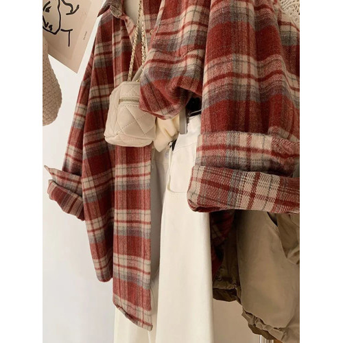 巨顯白!超好看紅色毛呢格子襯衫女時髦洋氣法式復古曡穿襯衣上衣