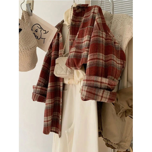 巨顯白!超好看紅色毛呢格子襯衫女時髦洋氣法式復古曡穿襯衣上衣