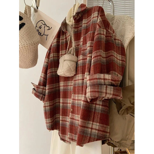 巨顯白!超好看紅色毛呢格子襯衫女時髦洋氣法式復古曡穿襯衣上衣