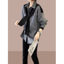 歐貨高檔2025新款設計感小衆時尚氣質條紋長袖假兩件襯衫披肩上衣