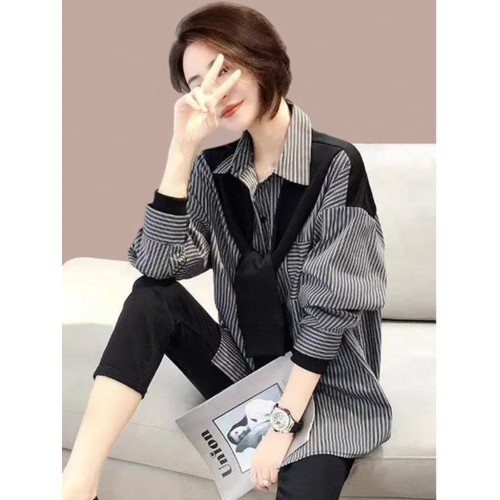 歐貨高檔2025新款設計感小衆時尚氣質條紋長袖假兩件襯衫披肩上衣