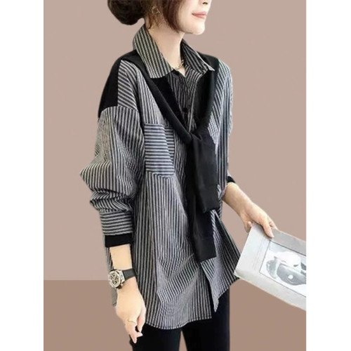 歐貨高檔2025新款設計感小衆時尚氣質條紋長袖假兩件襯衫披肩上衣