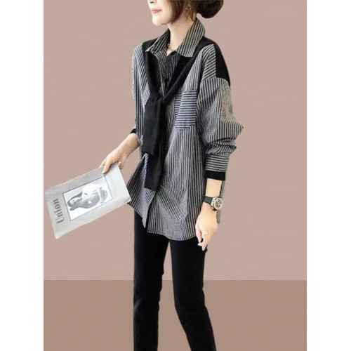 歐貨高檔2025新款設計感小衆時尚氣質條紋長袖假兩件襯衫披肩上衣