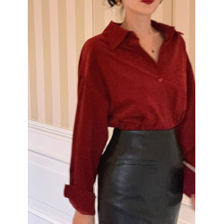法式復古酒紅色長袖襯衫女2025春秋新款復古港風甜美上衣高級感