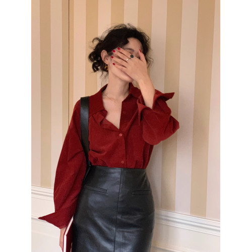 法式復古酒紅色長袖襯衫女2025春秋新款復古港風甜美上衣高級感