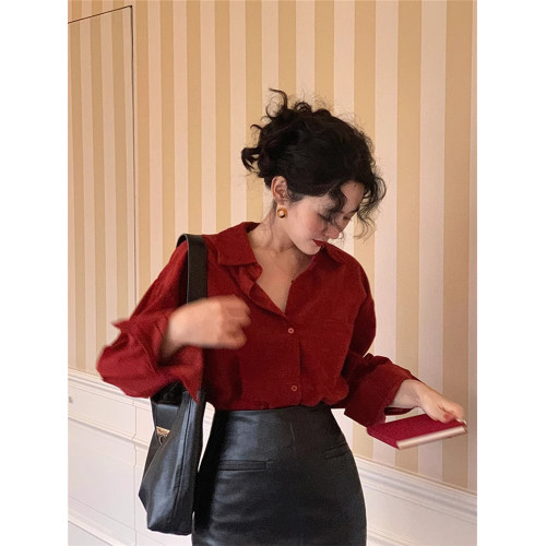 法式復古酒紅色長袖襯衫女2025春秋新款復古港風甜美上衣高級感