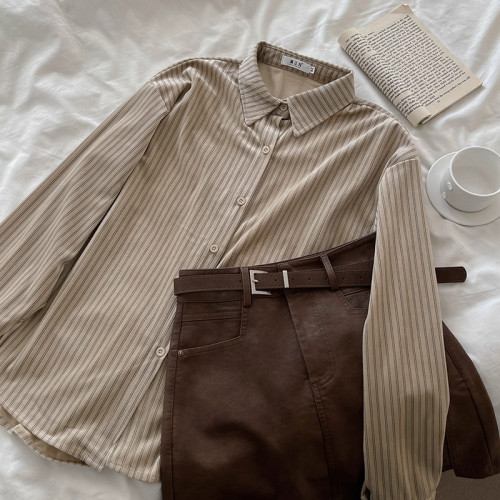 韓系慵懶風咖啡色條紋襯衫女春秋2025新款寬鬆燈芯絨曡穿長袖上衣