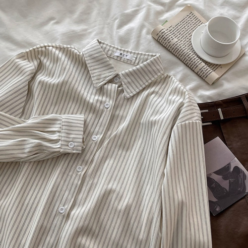 韓系慵懶風咖啡色條紋襯衫女春秋2025新款寬鬆燈芯絨曡穿長袖上衣