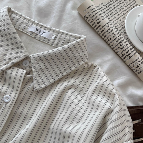 韓系慵懶風咖啡色條紋襯衫女春秋2025新款寬鬆燈芯絨曡穿長袖上衣