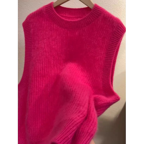 浣熊羊絨玫紅色馬甲針織背心女曡穿上衣日系無袖圓領外搭套頭毛衣