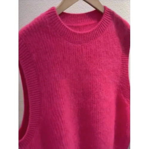 浣熊羊絨玫紅色馬甲針織背心女曡穿上衣日系無袖圓領外搭套頭毛衣