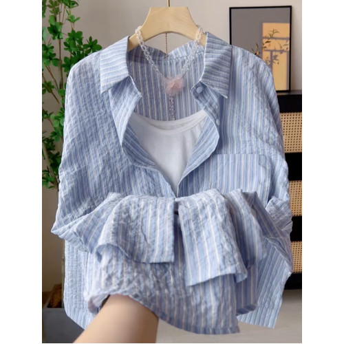 夏季款顯瘦百搭條紋襯衫女2025韓系寬鬆休閒長袖襯衣小衆上衣